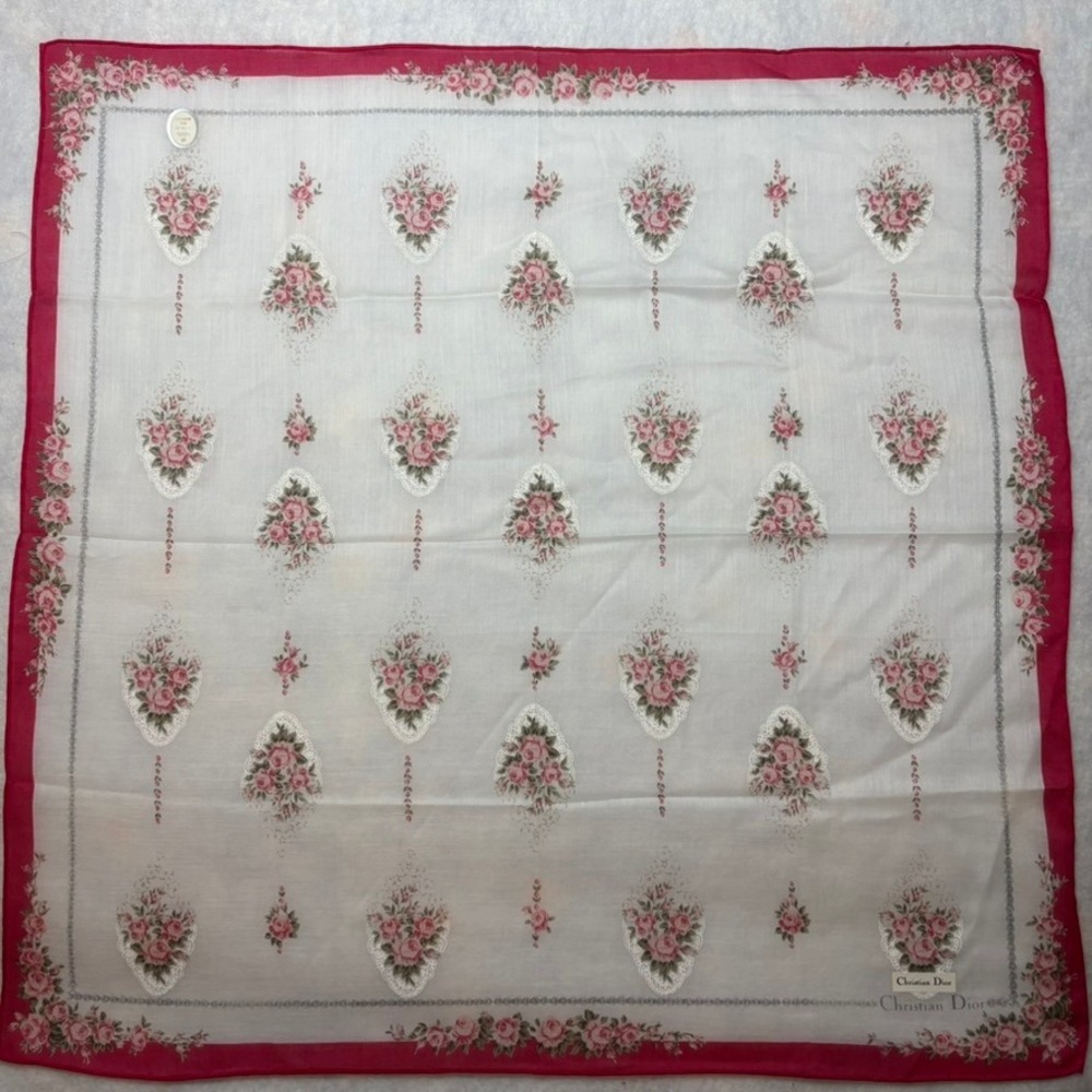 Vtg CHRISTIAN DIOR Scarf Handkerchief Floral Rose Cotton White Pink 19.5in